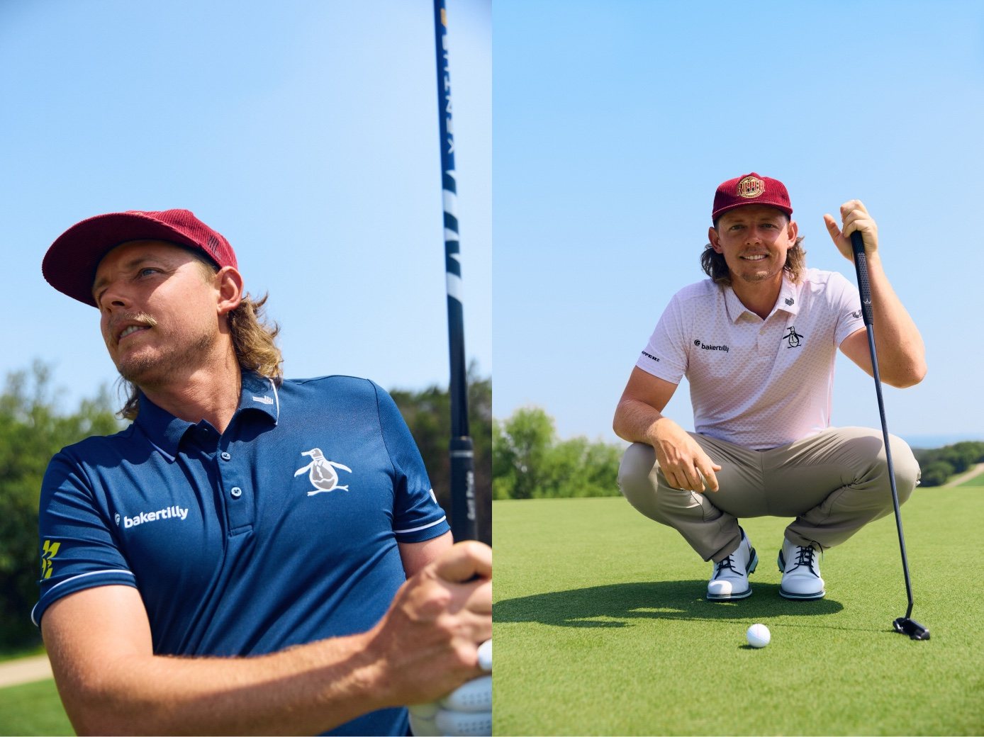 Cam Smith watches a drive, then crouches to read a putt