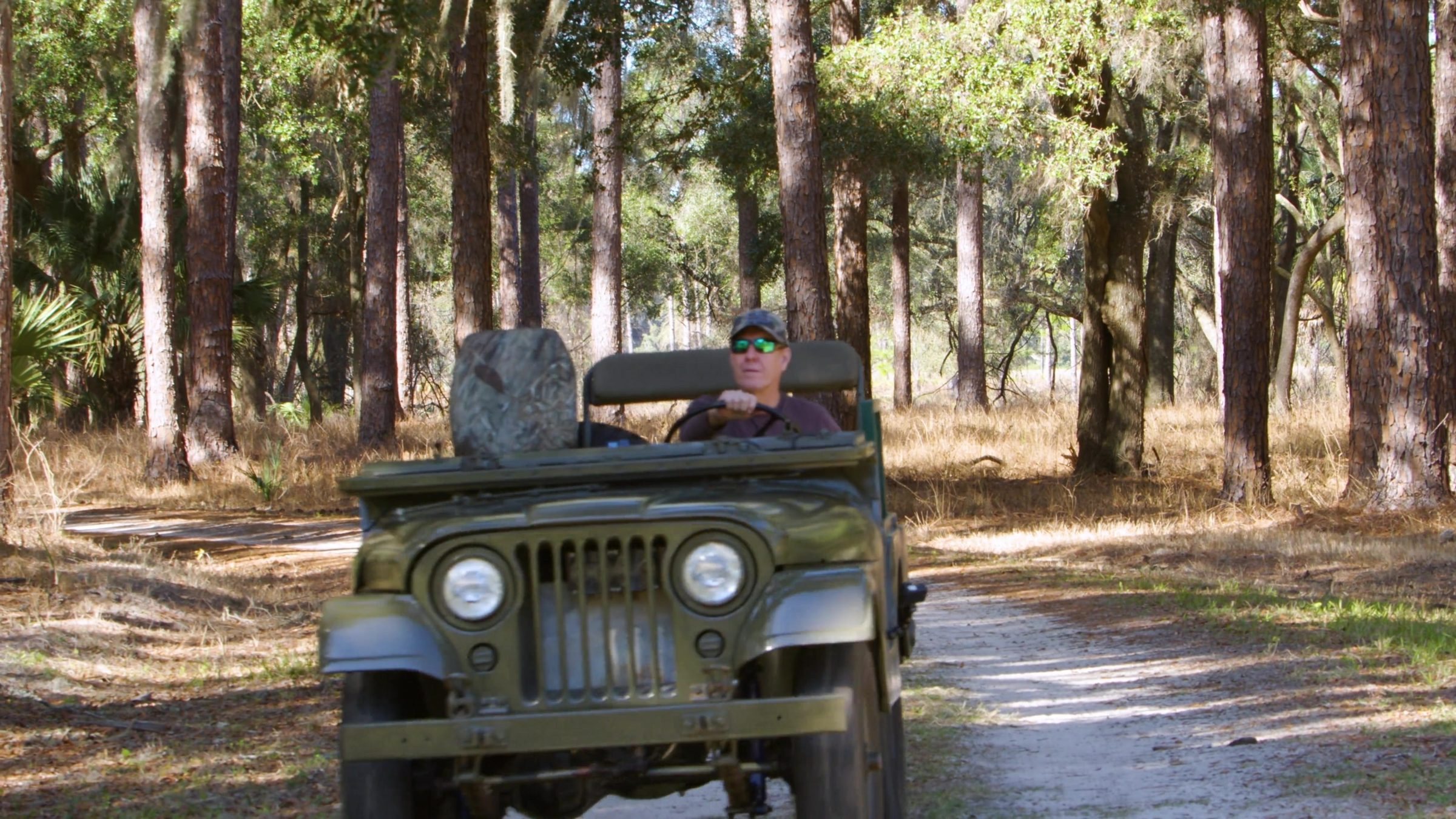 A converted Willys Jeep on a sand trail through a pine forest