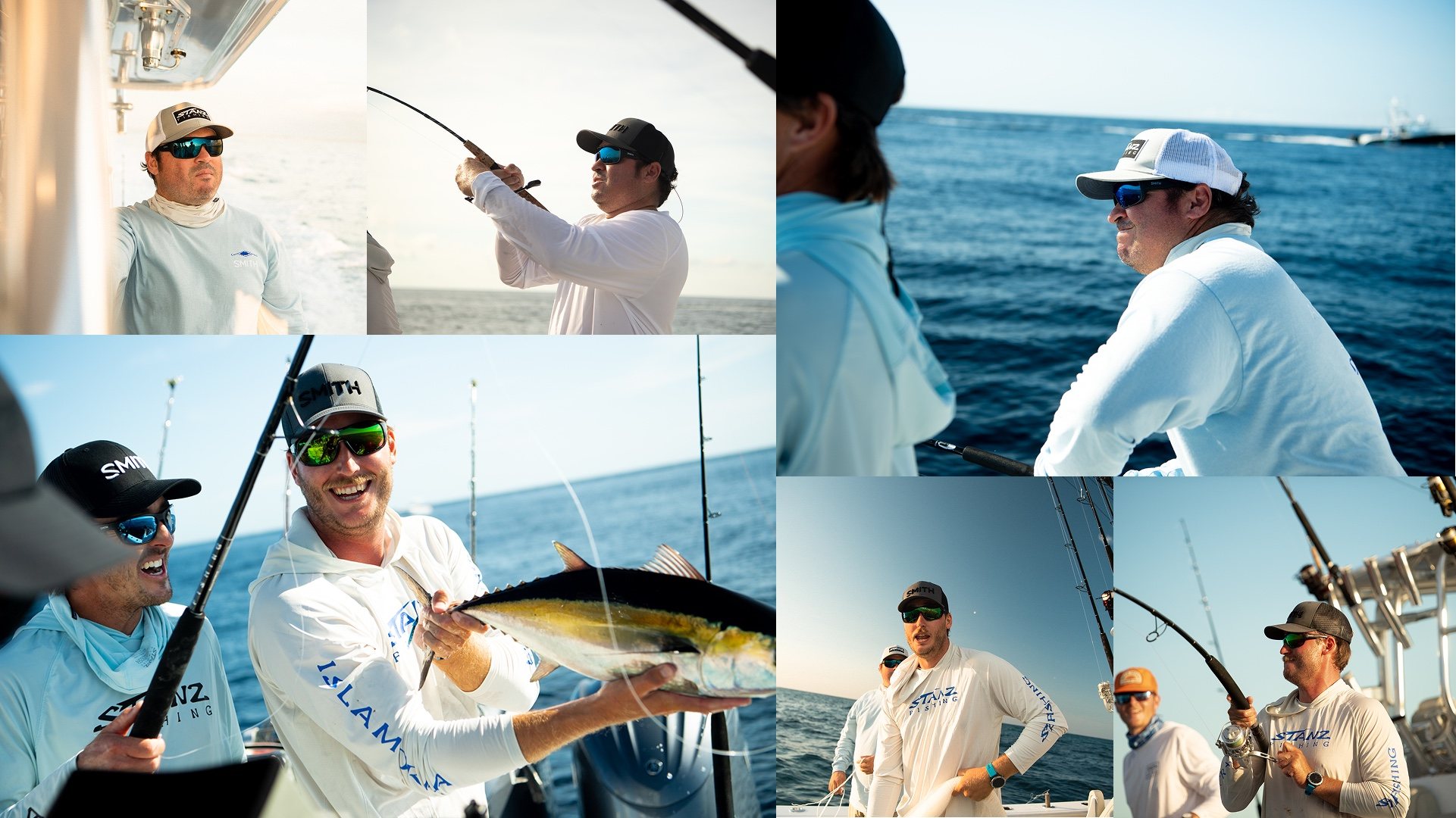 Capt. Nick Stanczyk and crew offshore, fighting a fish and holding up a tuna