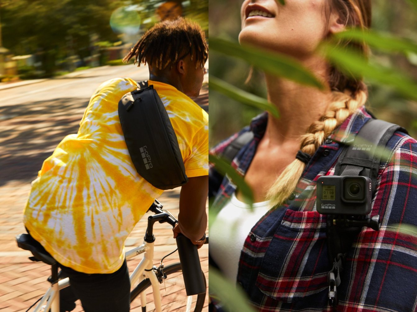 Two frames side by side: a cyclist in a yellow tie-dye shirt wearing a GoPro sling bag, and a hiker in plaid with a GoPro camera clipped to her backpack strap