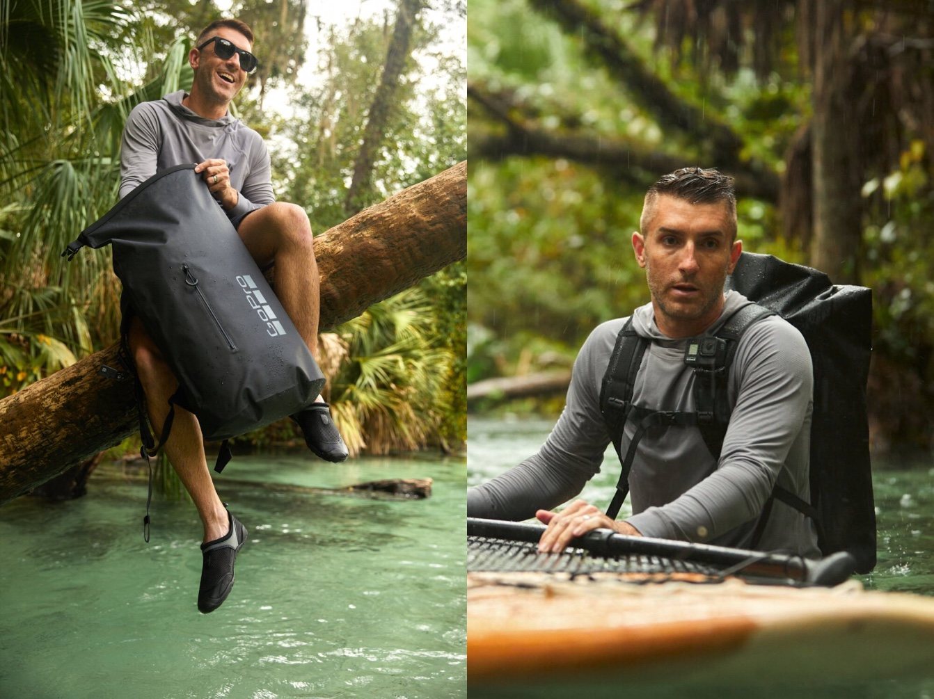 A man perches on a fallen tree with a GoPro dry bag, then paddleboards with it on his back