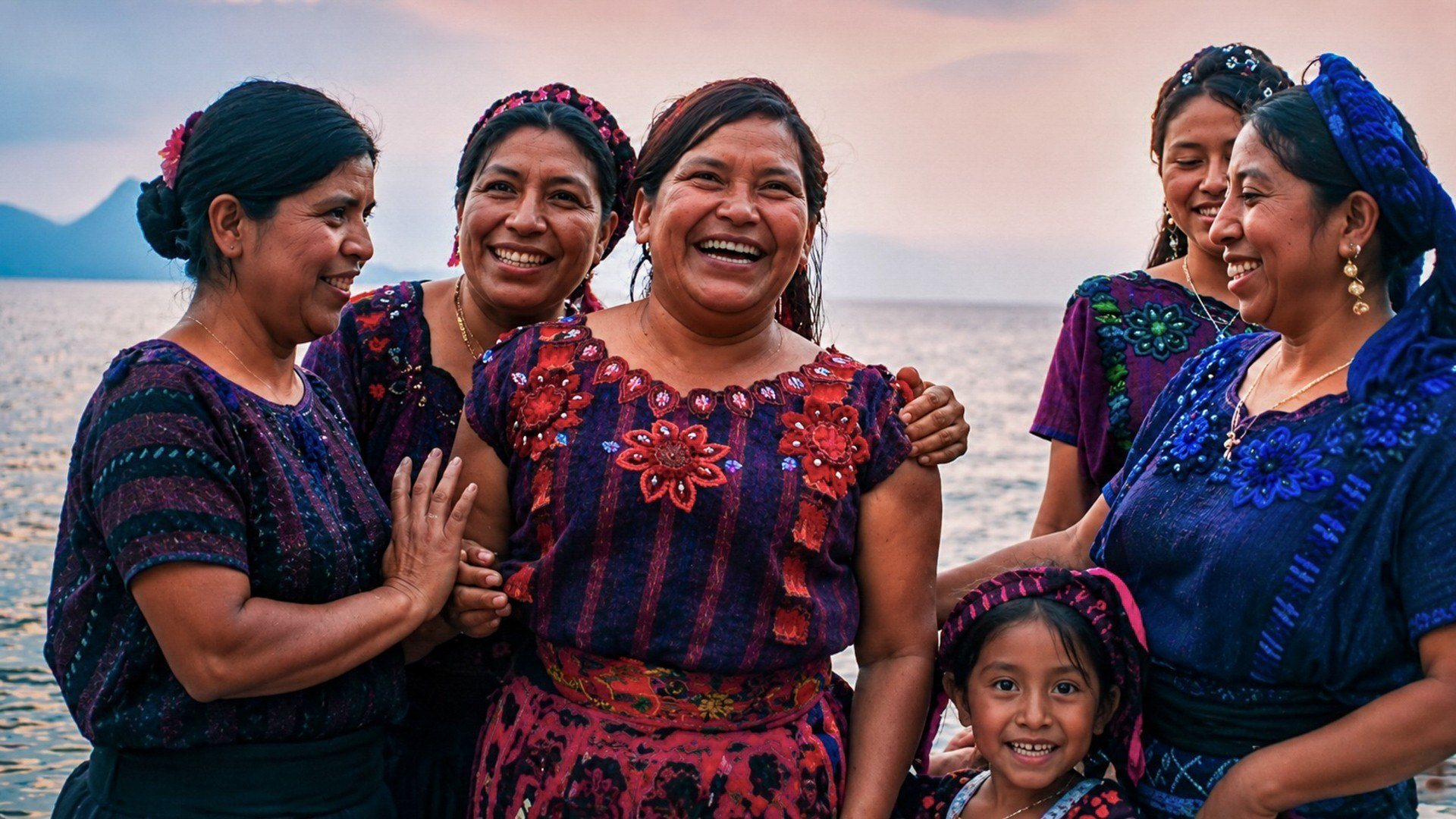 A group of Guatemalan women in traditional dress laugh together by a lake