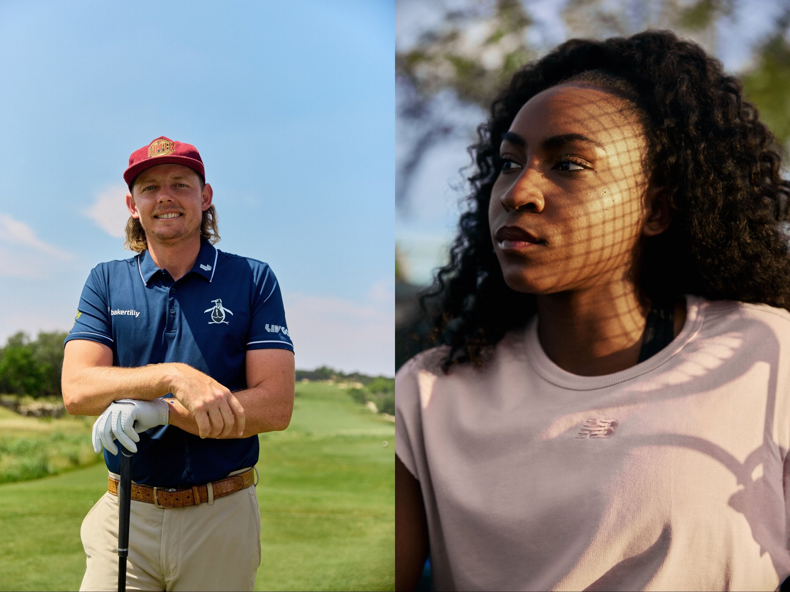Cam Smith leans on a golf club on the fairway beside a portrait of Coco Gauff in dappled light