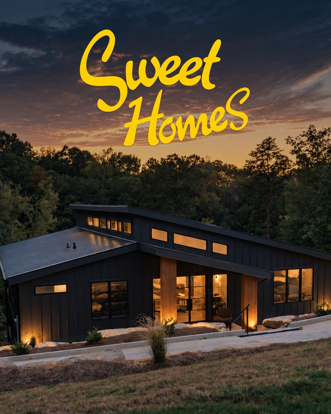 Sweet Homes key art: the finished lake house lit at dusk under the show logo