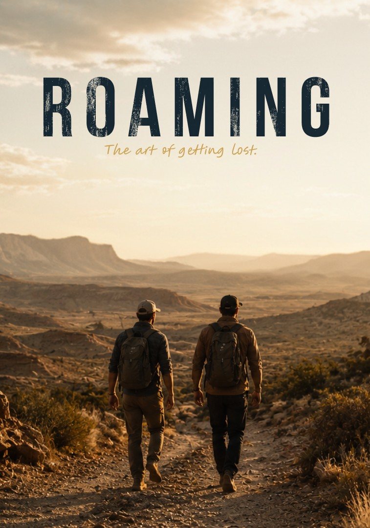 Roaming cover art: two travelers with backpacks walk a desert trail at golden hour under the title