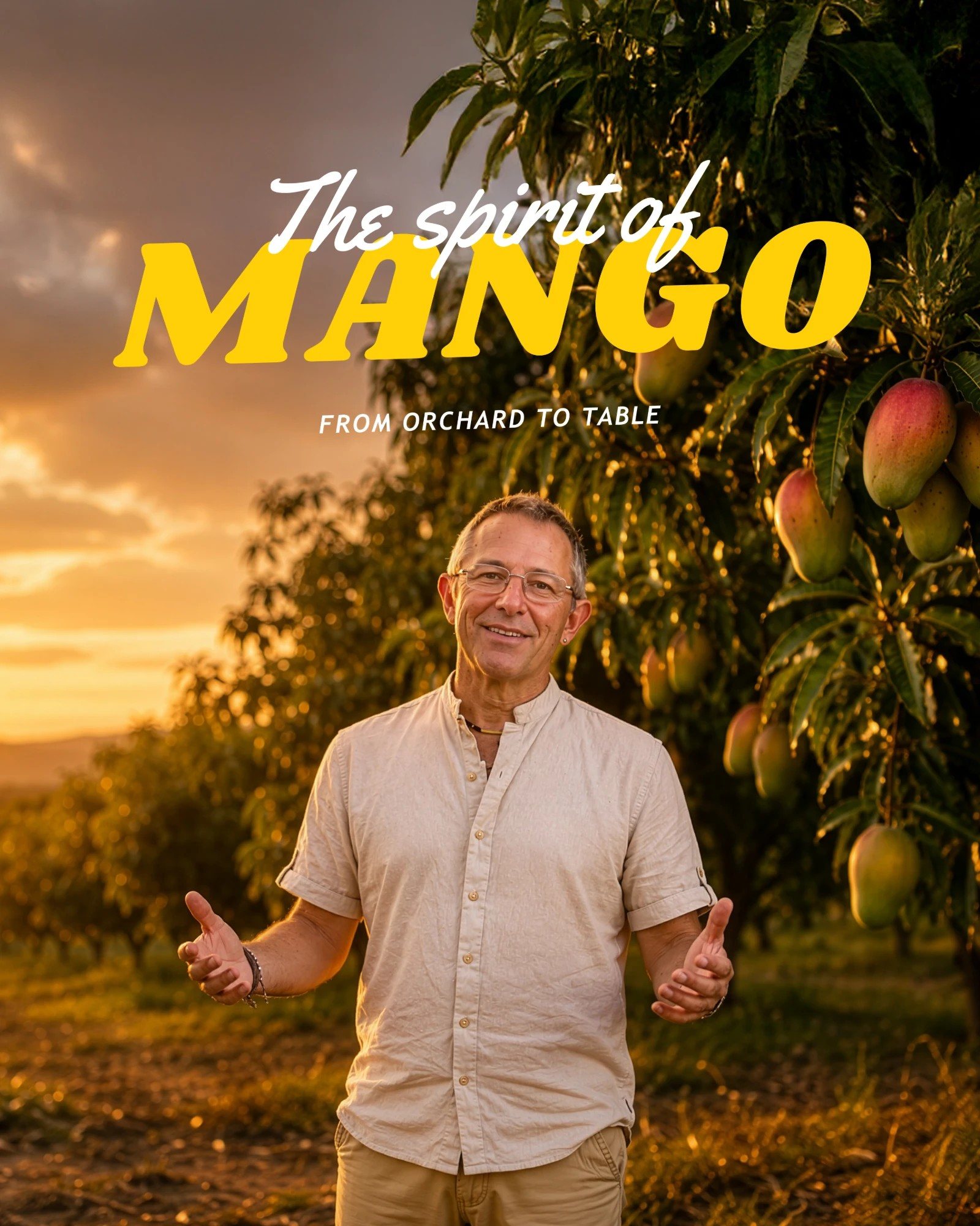 The Spirit of Mango key art: the host smiling in a mango orchard at sunset, with the show logo