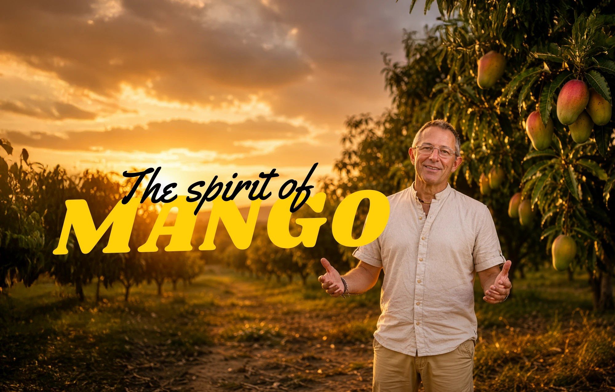 The Spirit of Mango key art: the host smiling in a mango orchard at sunset, with the show logo