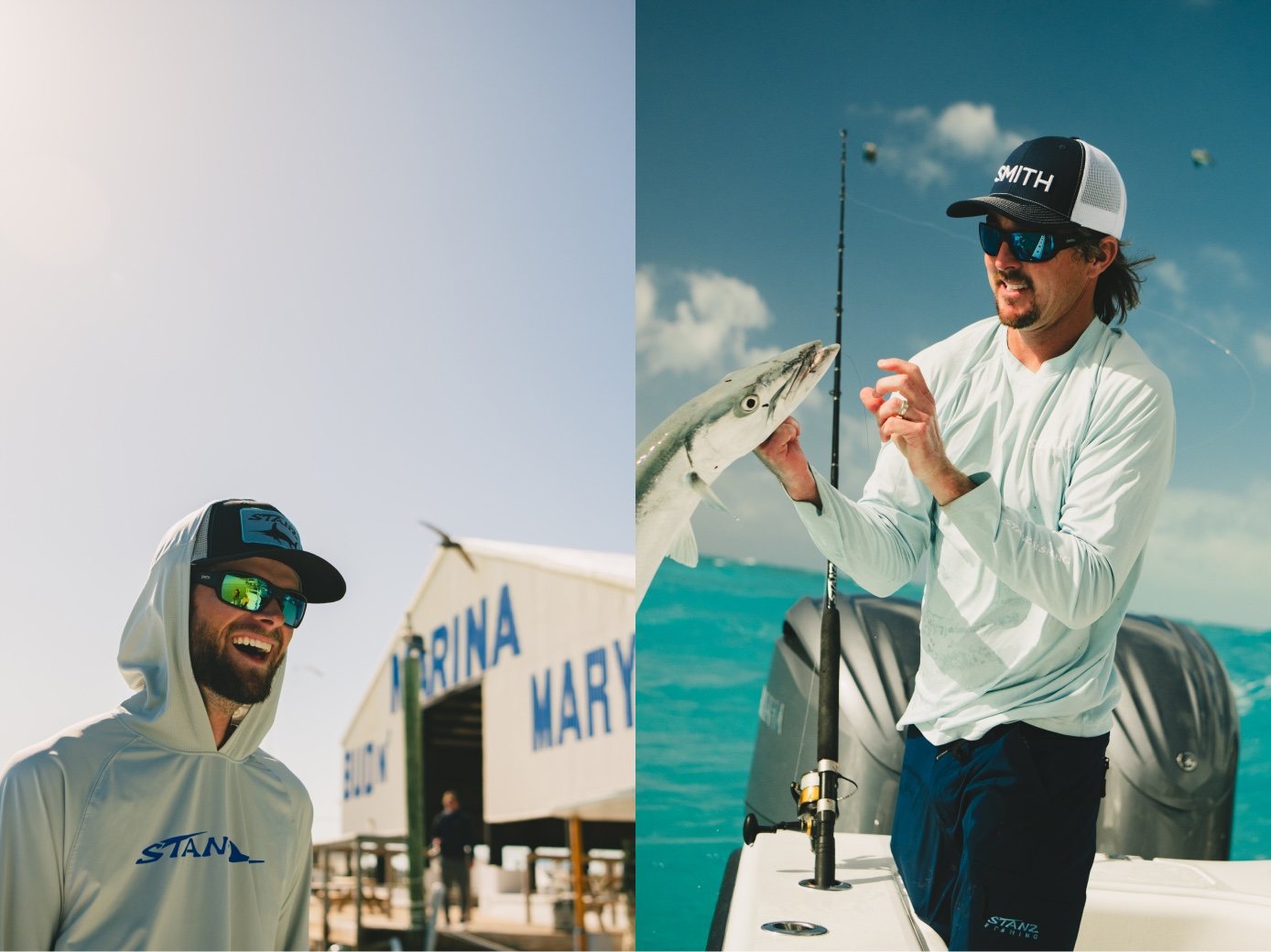 A guide laughs at the marina, then holds up a barracuda on deck