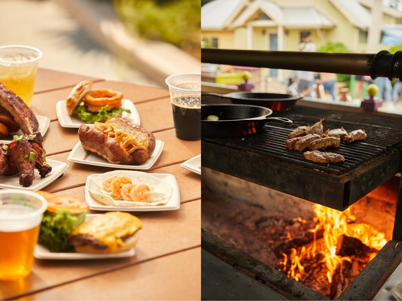 A table of park food and beer beside meat searing over an open fire