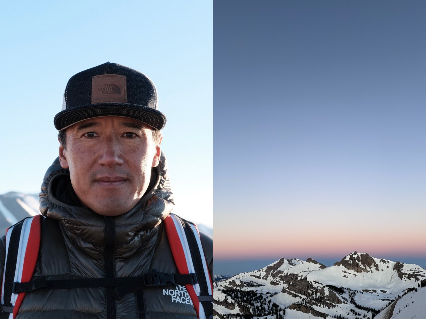 Two frames side by side: Jimmy Chin in a cap and down jacket, and a snowy peak at dawn