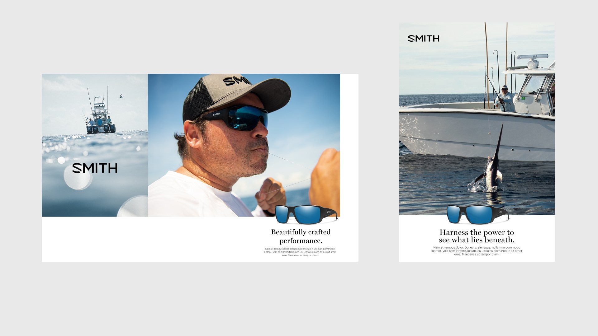 SMITH print ads featuring the captain in sunglasses and a swordfish beside the boat