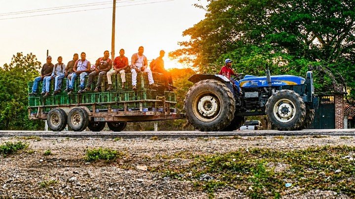 Workers ride a trailer behind a tractor at golden hour