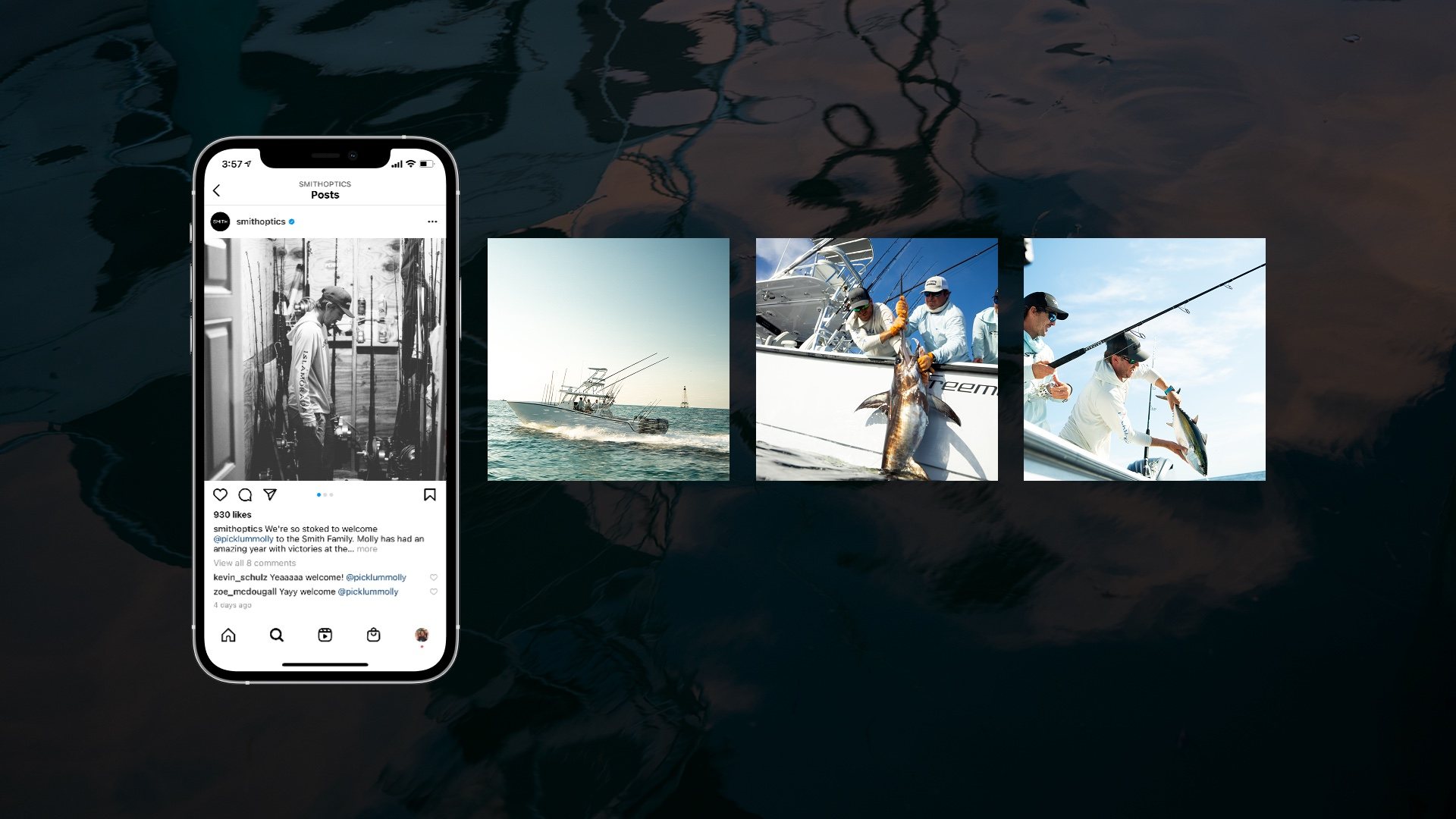 A phone showing the campaign's Instagram post beside three stills from the boat