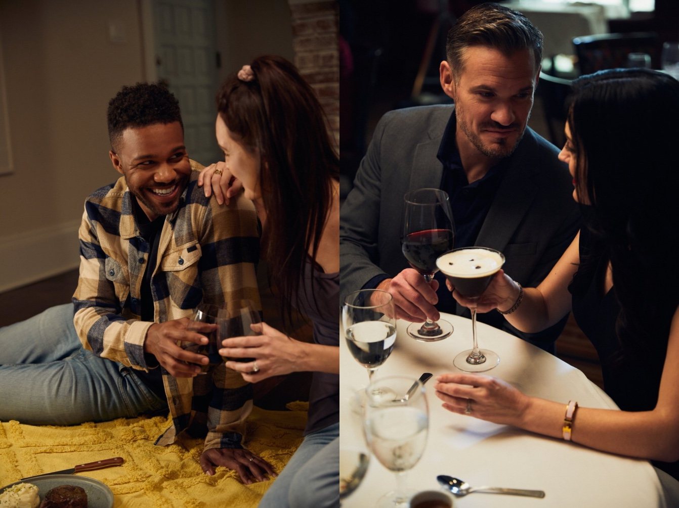 A couple toasts on a picnic blanket beside another couple sharing drinks at a dinner table
