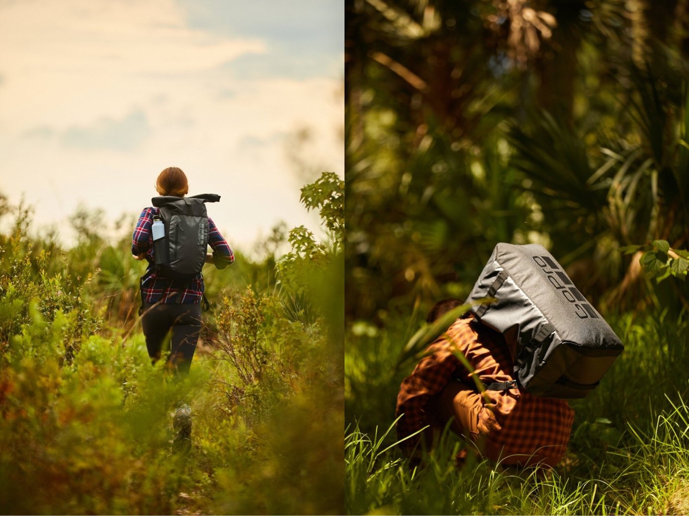 A hiker walks into tall brush while another digs into a GoPro bag on the trail